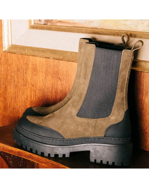 Chelsea boots en Cuir et Velours de Cuir Fioro kaki - Talon 5 cm